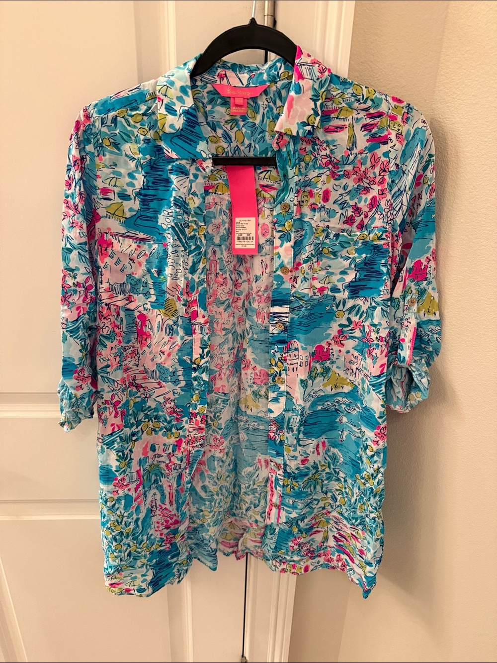 Lilly Pulitzer Aqua, Hot Pink & White Floral Button-Up
